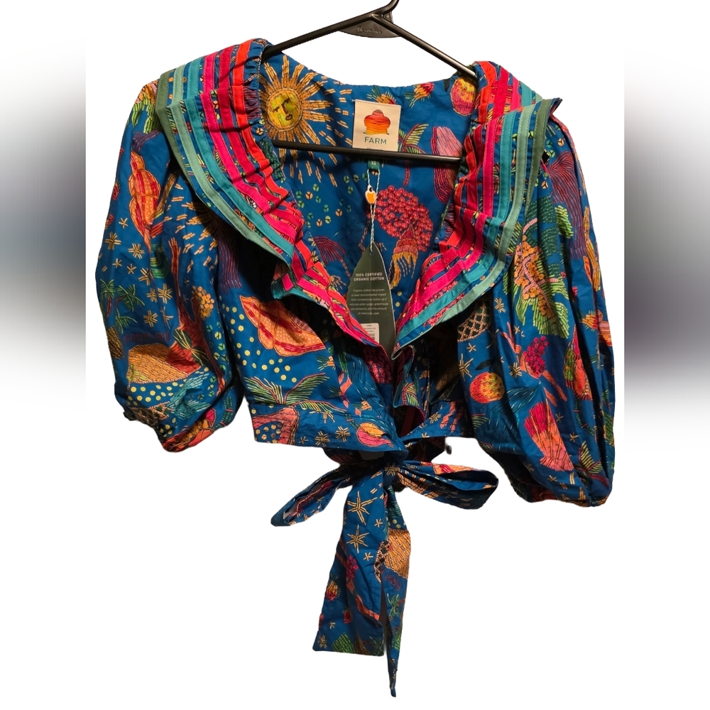 FARM Rio Tropical Tie-Front Puff Sleeve Crop Top - Picture 1 of 6